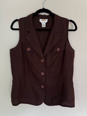 Talbots Dark Brown 100% Irish Linen
Button-front Vest Notch Lapel Chic Sz 10